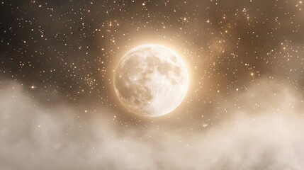 Fototapeta premium Digital illustration of a full moon in the night sky. the moon is in the center of the image, with a golden hue and appears to be glowing brightly.