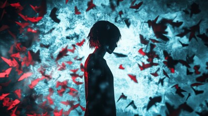 Obraz premium A woman is standing in front of a wall of paper birds. The birds are scattered all over the wall and the floor