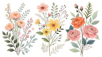 Watercolor illustration of different floral arrangements