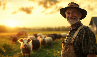 Happy farmer in a pig farm, agriculture card concept, generated ai 