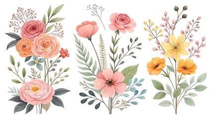 Watercolor illustration of different floral arrangements