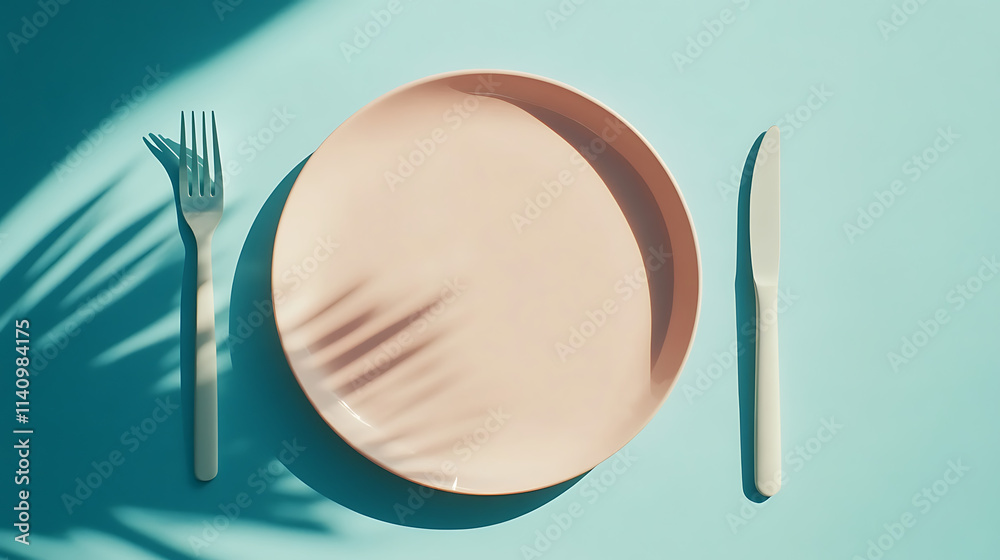 Poster top view empty plate, fork and knife on blue background