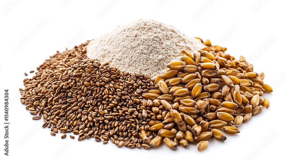 Aufkleber top view of an integral rye flour pile isolated on a white background, top view of rye flour isolate