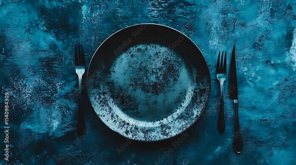 Poster top view empty plate, fork and knife on blue background