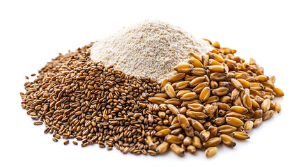 Top view of an integral rye flour pile isolated on a white background, top view of rye flour isolated on a white background, a heap of whole spelt wheat flour isolated on a white background