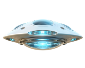 a silver ufo with blue lights