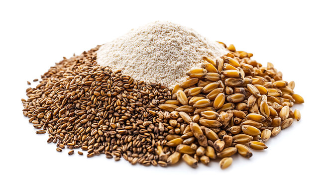 Top view of an integral rye flour pile isolated on a white background, top view of rye flour isolated on a white background, a heap of whole spelt wheat flour isolated on a white background