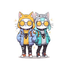 Two Cool Cats in Winter Gear:  A Whimsical Illustration of Fashionable Felines