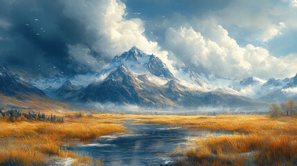 Obraz premium Serene autumn river valley, snow-capped mountains.