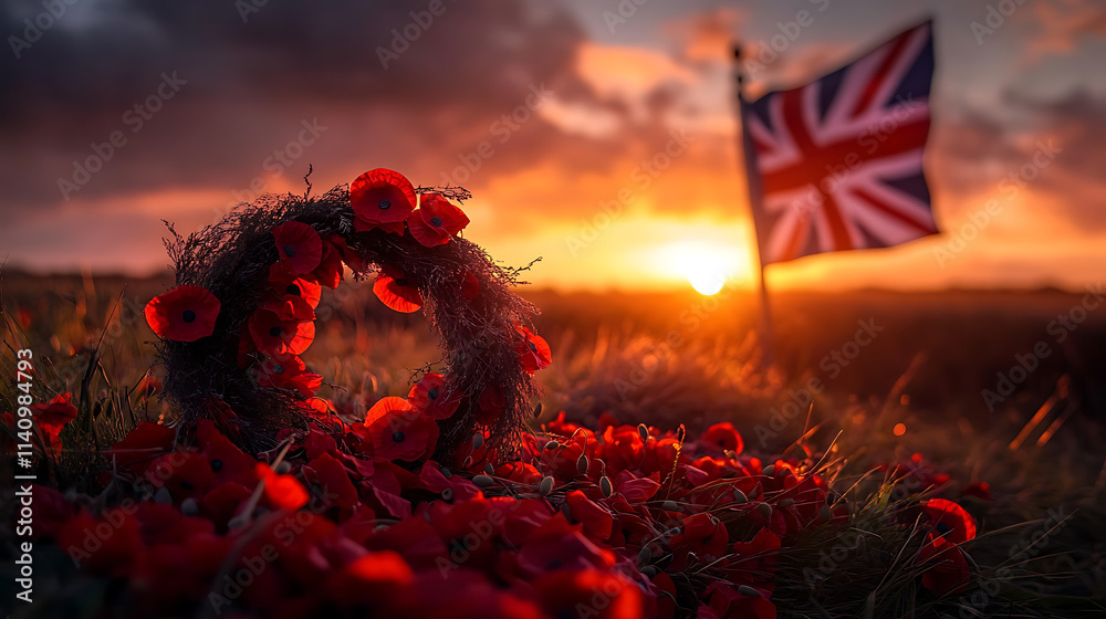 Poster touching remembrance day scene in the uk featuring a wreath of red poppies and the union jack under 