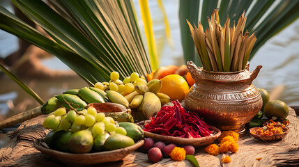 Traditional chhath puja arrangement with kalash, fruits, and sugarcanes, conveying blessings and festive warmth