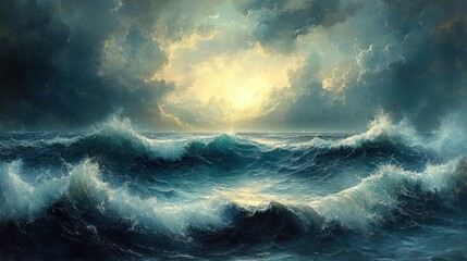 Fototapeta premium Stormy ocean waves, bright light breaks through clouds.