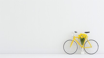 Fototapeta premium Yellow bicycle with flowers, minimalist white background, spring floral arrangement, ample copy space on wall, simple and clean design, studio shot still life, spring season concept, cheerful and brig