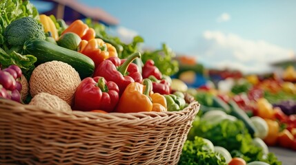 Vibrant Fresh Vegetables in a Woven Basket Displayed at a Farmers' Market Under a Clear Blue Sky