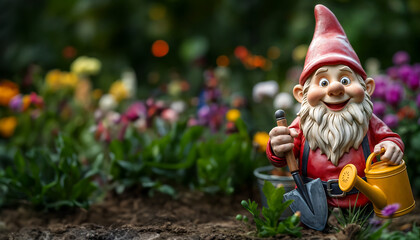 Nain de jardin jardinier avec une pelle et un arrosoir dans le jardin, espace vide pour du texte