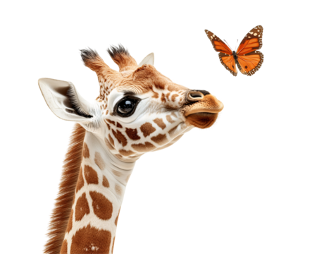 a giraffe looking at a butterfly