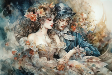 Obraz premium romantic scene with a young couple sitting in an embrace. 