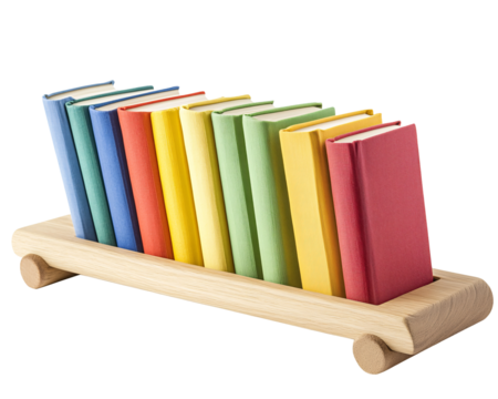 a row of books in a wooden holder