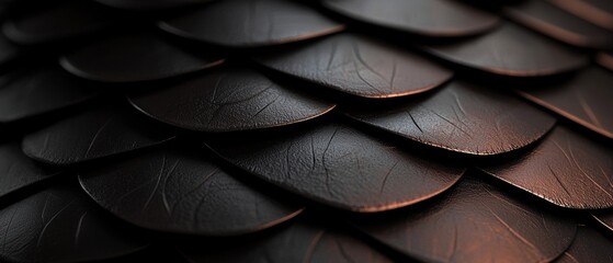 Close-up of a group of dark brown scales. the scales are arranged in a grid-like pattern, with each scale having a unique shape and texture.