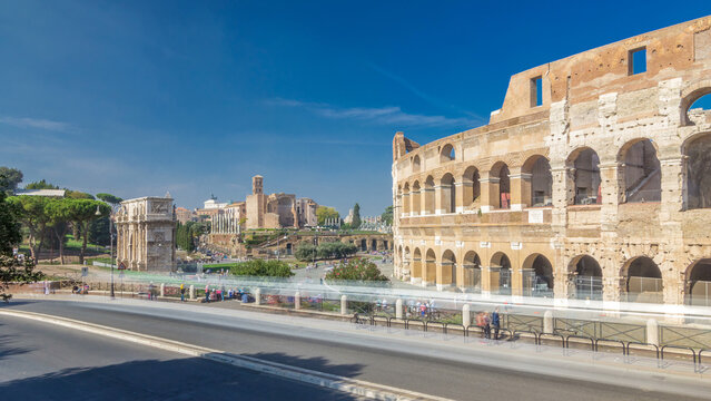 The Colosseum or Coliseum timelapse hyperlapse, also known as the Flavian Amphitheatre in Rome, Italy