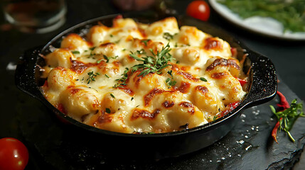 Vegetables baked with cheese in a frying pan, lasagna hot appetizers, restaurant service, close-up, on a dark stone background