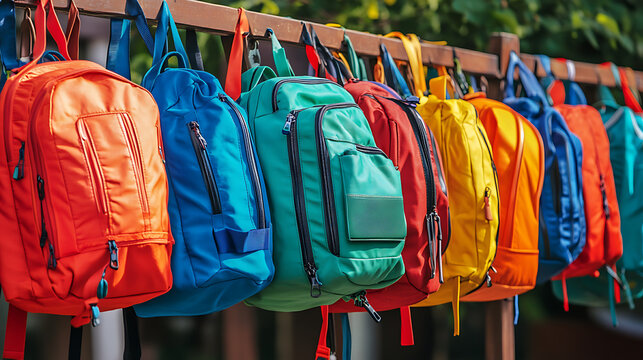 Row of colorful backpacks hanging outdoors, symbolizing education, travel, and preparation
