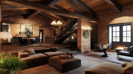 Fototapeta premium Rustic farmhouse, loft interior design of modern living room, room with brick wall and beam ceiling