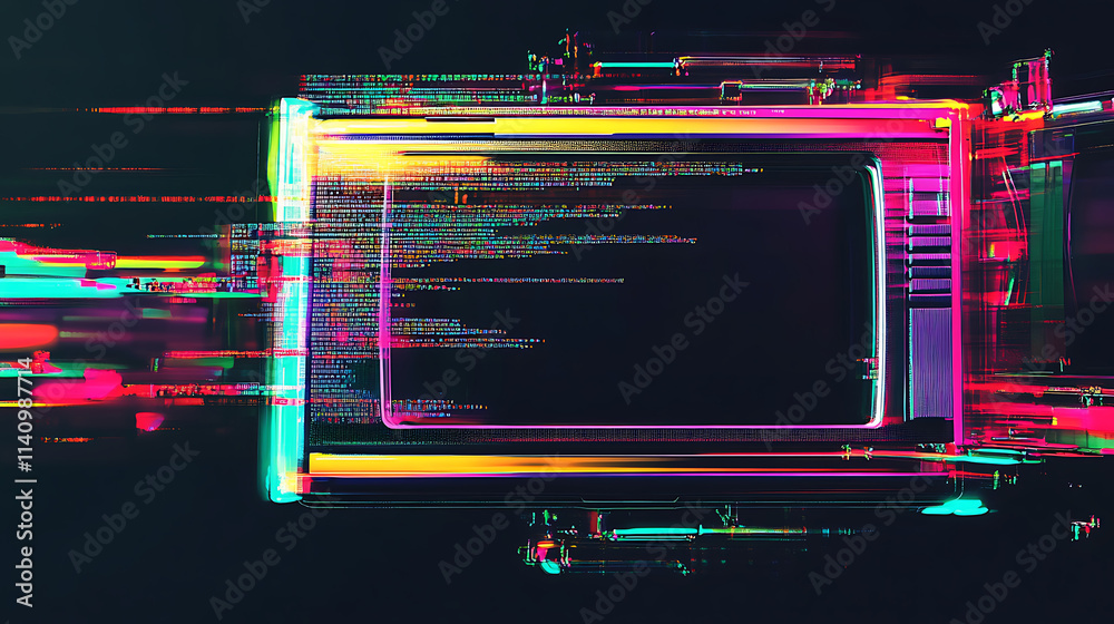 Poster Vhs glitch, static lines of code, neon color scheme, dark background