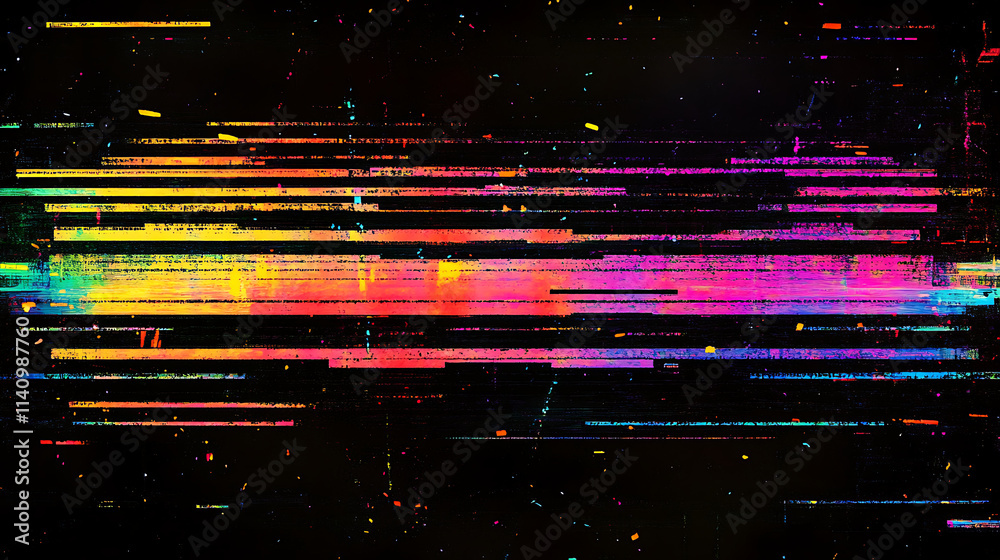Poster Vhs glitch, static lines of code, neon color scheme, dark background