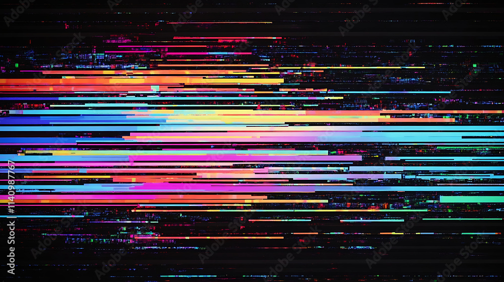 Poster vhs glitch, static lines of code, neon color scheme, dark background
