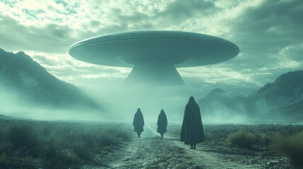 A group of people are walking through a foggy, desolate landscape