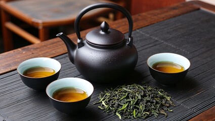 Black Iron Asian Teapot and Cups with Green Tea Leaves, Creating a Traditional and Elegant Tea Ceremony Setting for Tranquil Moments of Relaxation