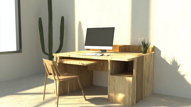 Modern workspace featuring minimalistic furniture and a desk with a computer and plants - Powered by Adobe