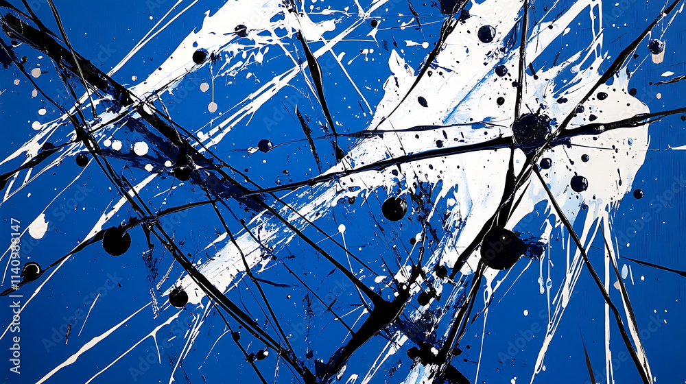 Poster vibrant blue, white, and black abstract art painting with bold brushstrokes and splashes creating dy