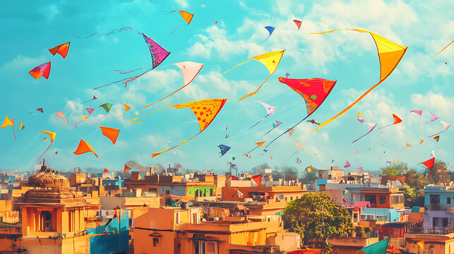 Vibrant makar sankranti kite festival celebration with colorful kites flying over traditional indian rooftops