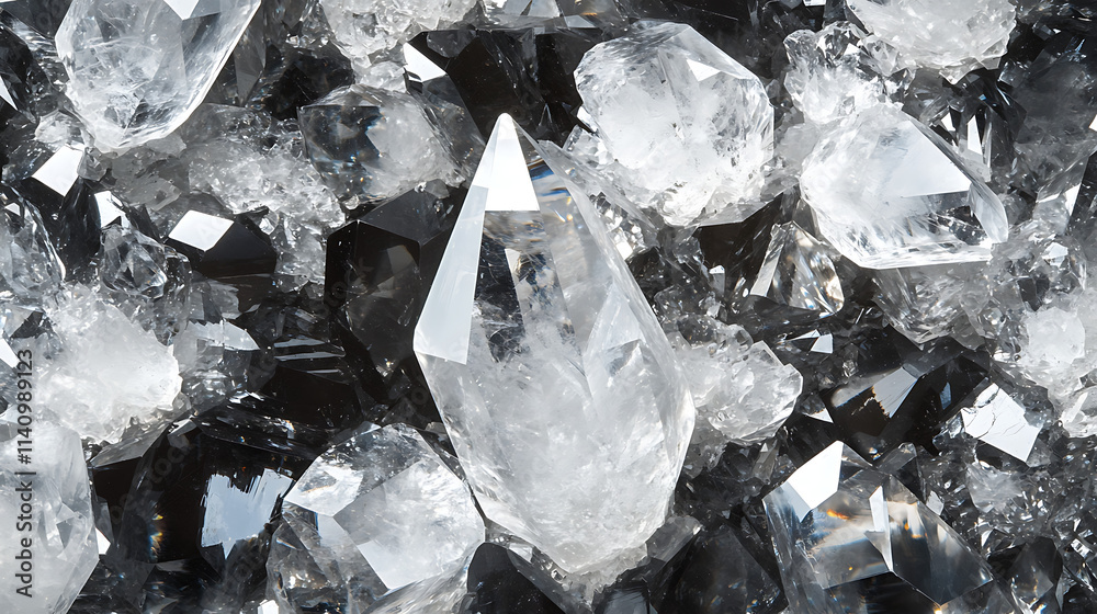 Poster seamless pattern of crystal clear quartz cluster with reflective surfaces, ideal for luxury and well