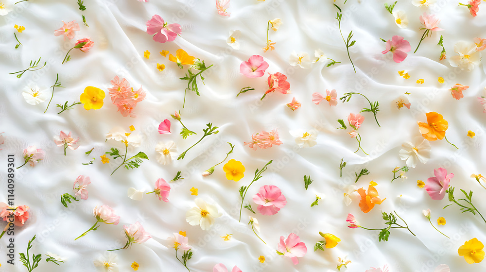Poster seamless pattern of small, delicate flowers and leaves are scattered across surface in pastel colors