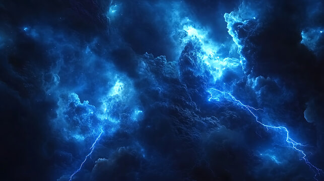 Vivid blue thunder lightning bolt s shaped against dark background electric storm nature power