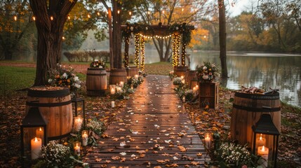 Fototapeta premium A picturesque wedding setup by a serene lake adorned with lights and flowers in autumn.