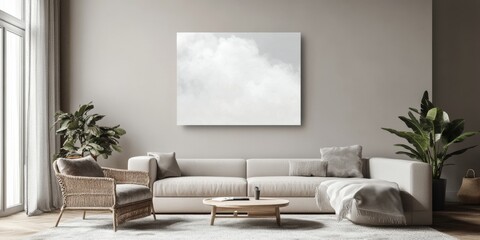 Modern living room featuring minimalist design and soft pastel colors in a bright space