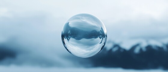 Close-up of a spherical object, which appears to be a soap bubble, floating in the air. the background is blurred, but it seems to be an outdoor setting with trees and mountains in the distance.