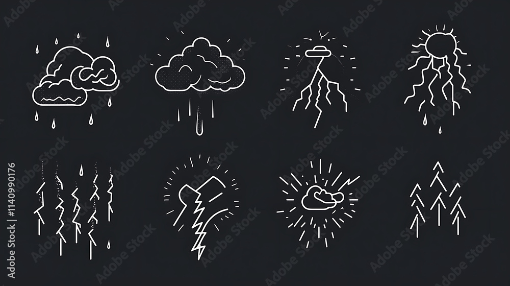 Poster set of lightning outline icons, thunderbolts and an electric flash of power, black, thin-line electr