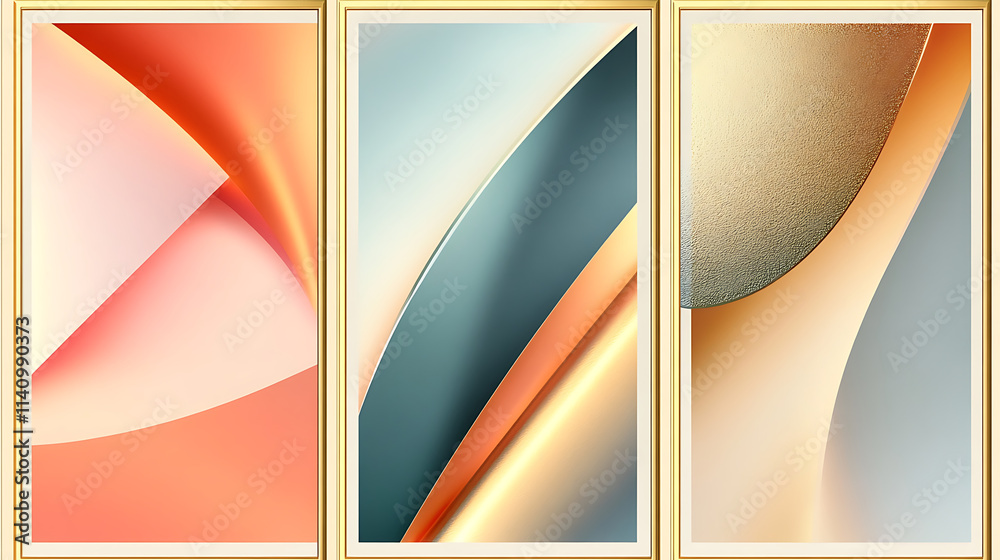 Poster set of three abstract posters with geometric shapes in gold frames