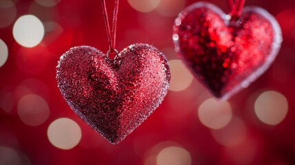 Obraz premium Two Glittering Red Hearts Hanging Against A Blurred Background