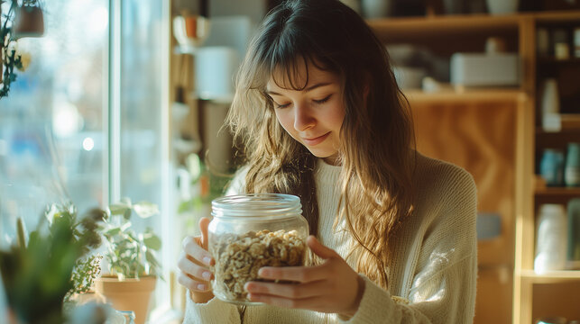 Careful selection of cereals by a young woman at a zero waste store promotes sustainable shopping and an eco-friendly lifestyle
