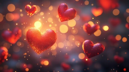 Obraz premium Sparkling Red Hearts Float in a Glowing Background