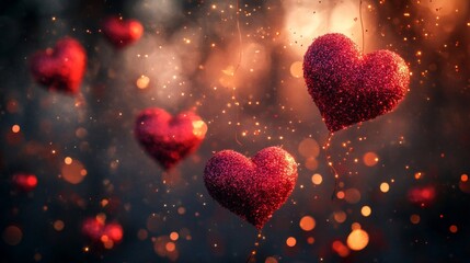 Sparkling Red Hearts Suspended In Festive Air