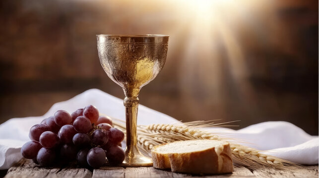A golden chalice filled with wine, surrounded by grapes and wheat stalks on the left side of an old wooden table