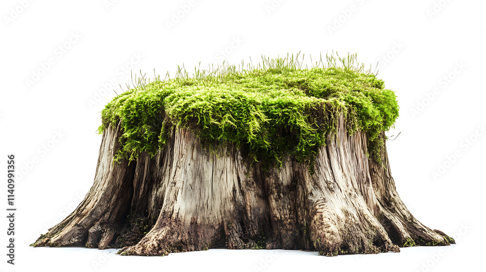 Poster side view on one single wooden mossy tree stump with roots isolated on white background