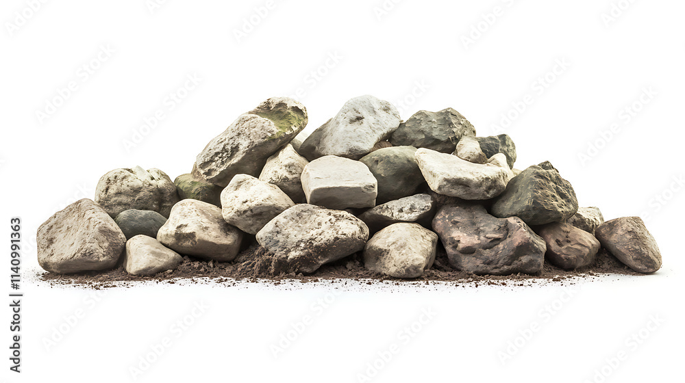 Poster side view on pile of rocks covered in dirt isolated on white background
